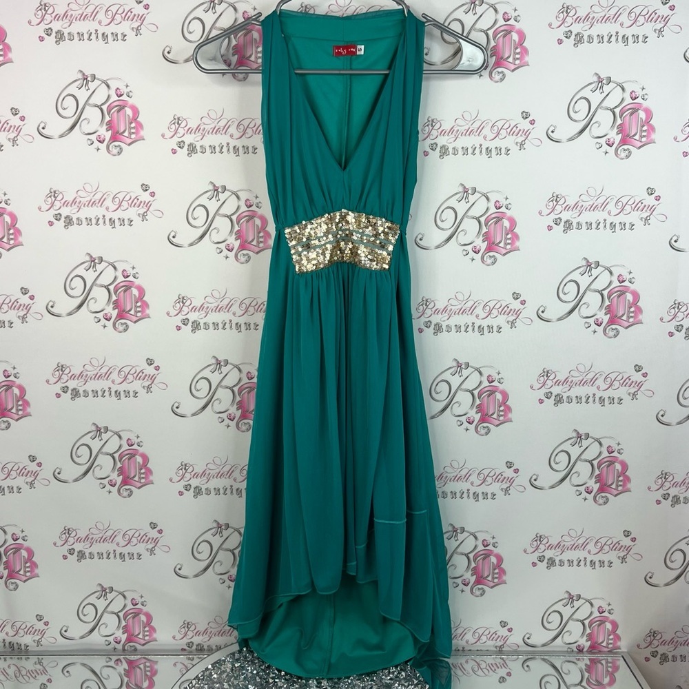Ruby Rox dress sequins embroidered gold Teal High Low Dress with Gold Detail